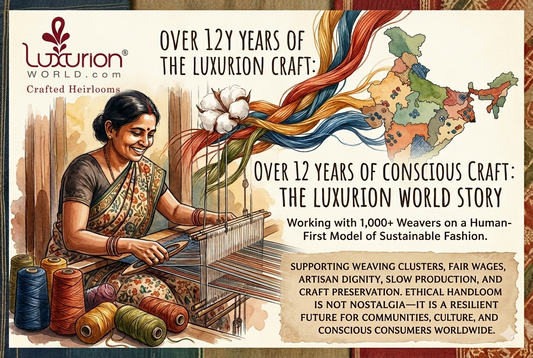 An illustration of an Indian weaver creating textiles on a traditional loom.