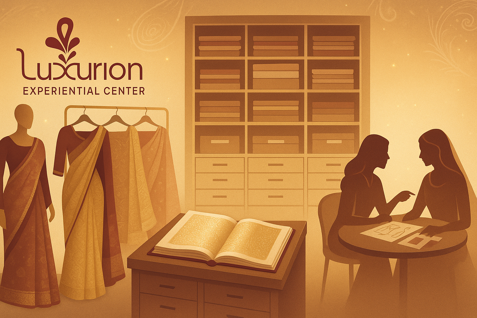 Luxurion World logo over boutique with draped sarees, fabric library, bridal consultation.