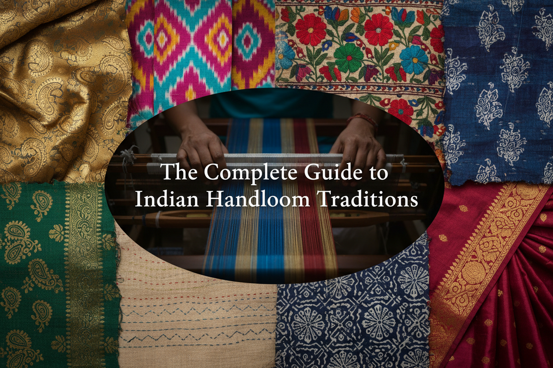 Collage of Indian handloom craft traditions including  Banarasi Kantha Ikat Kanjeevaram Ajrakh Phulkari weaves