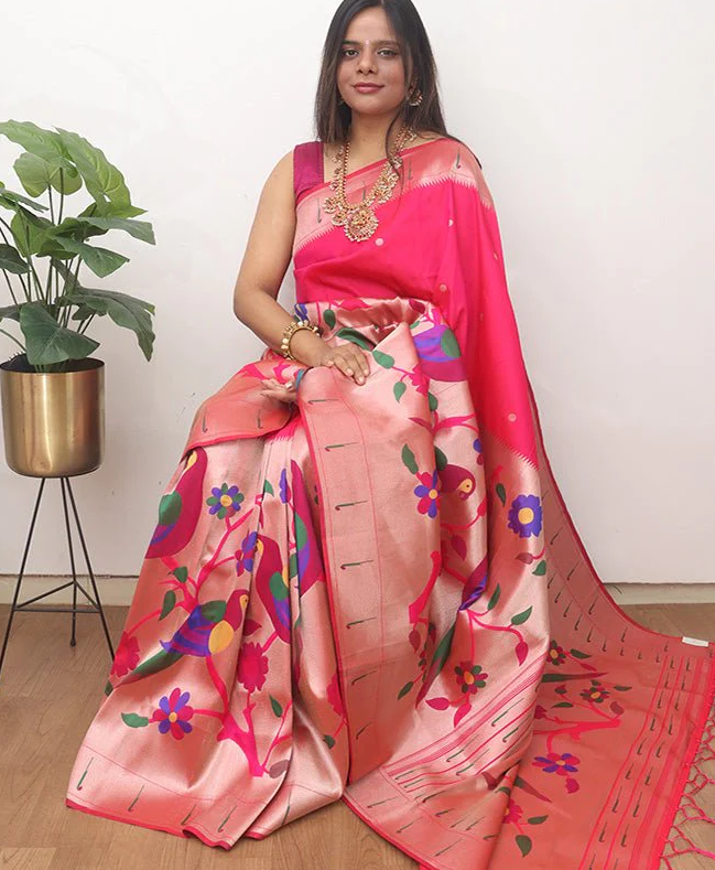 Paithani Silk Flower And Bird Design Saree