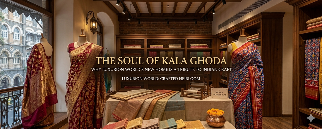 Interior view of Luxurion World’s Experiential Center in Kala Ghoda, featuring premium handloom Banarasi and Patola sarees displayed against heritage wooden decor.