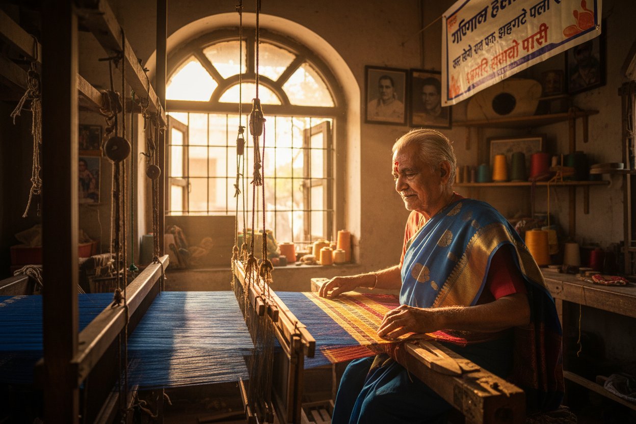 Indian master weaver at traditional handloom crafting silk saree on National Handloom Day