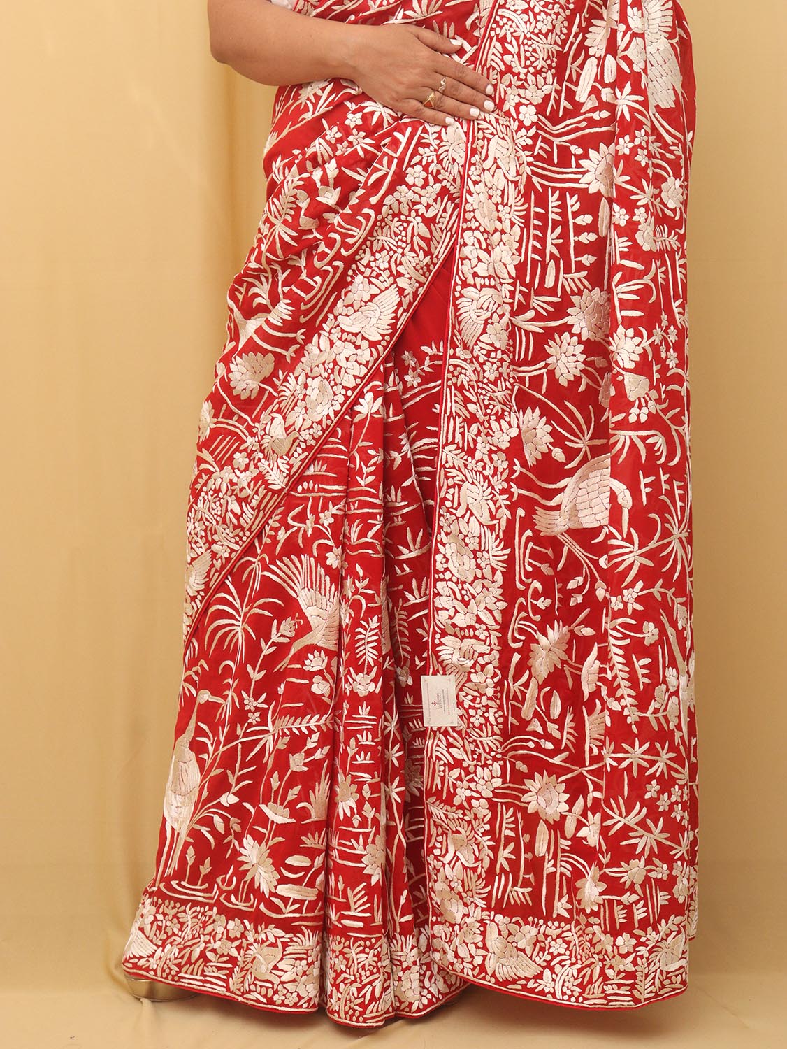 Red Hand Embroidered Parsi Gara Pure Georgette Bird Design Saree - Luxurion World