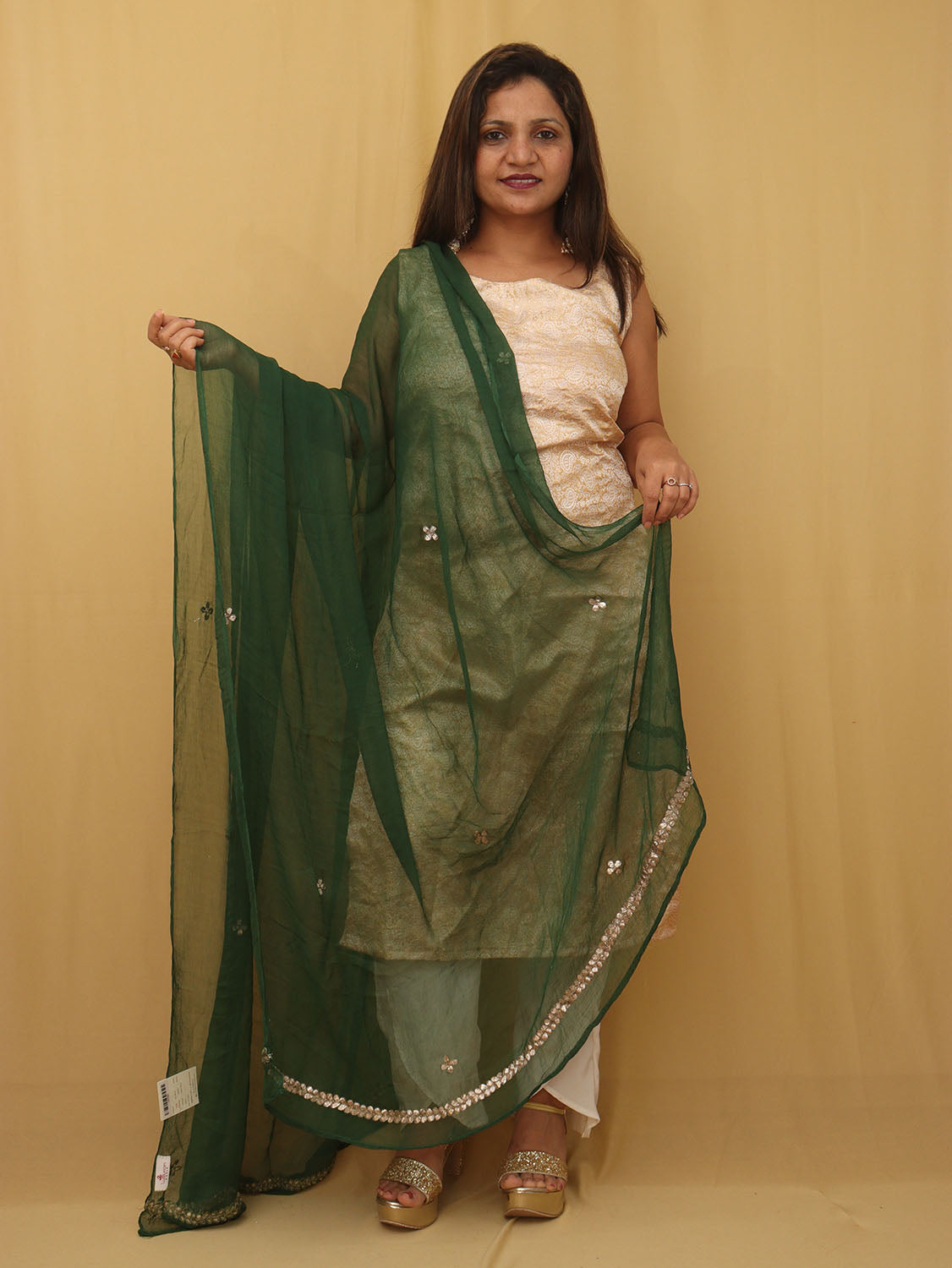 Green Hand Gota Patti Work Pure Chiffon Dupatta - Luxurion World