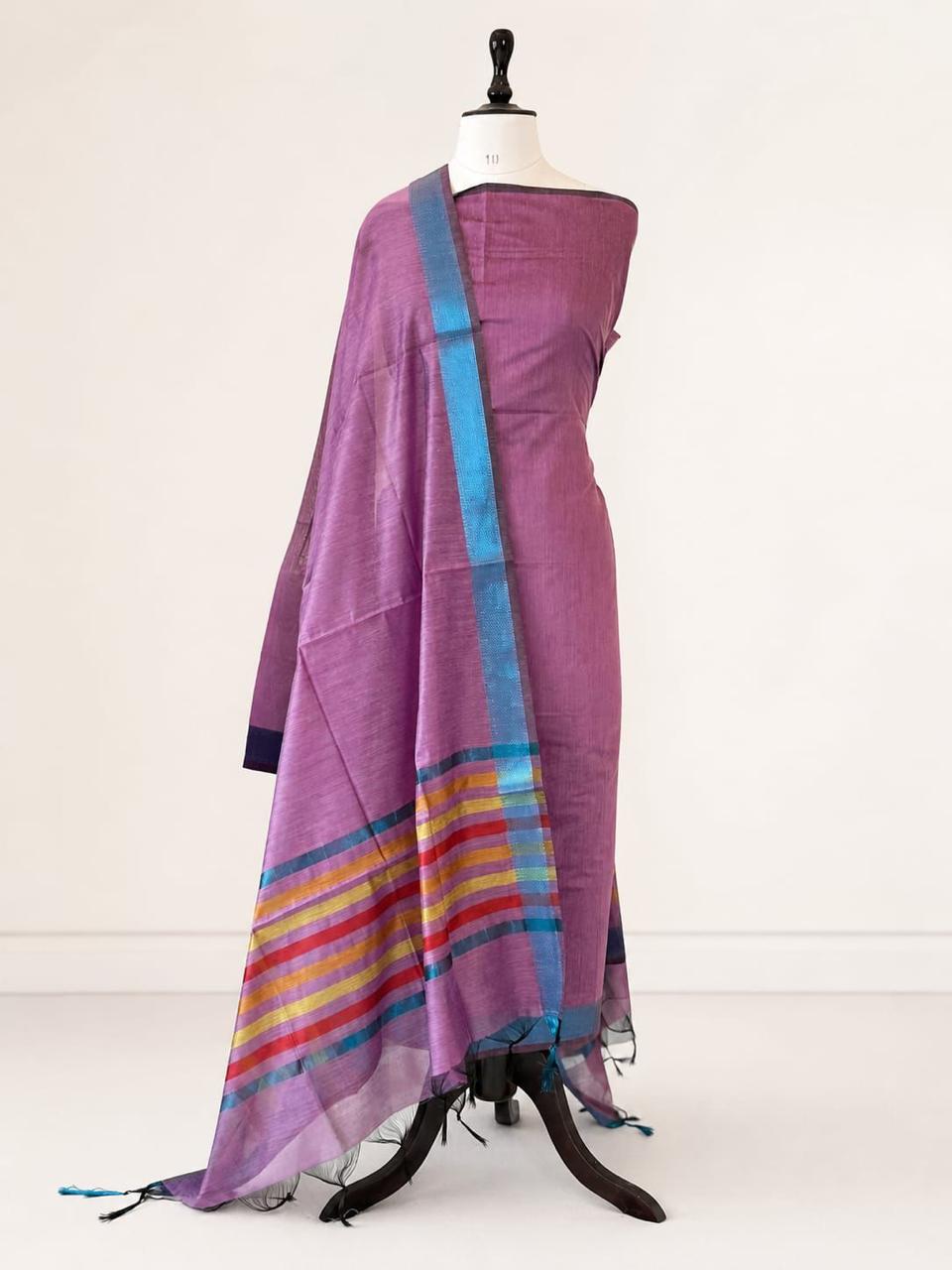 Purple Maheshwari Cotton Silk Three Piece Unstitched Suit Set - Luxurion World