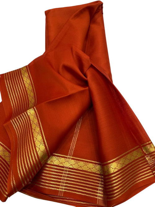 Orange Pure Silk Handloom Saree - Mysore Plain - Luxurion World
