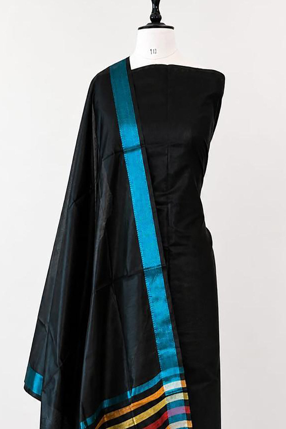 Black Maheshwari Cotton Silk Three Piece Unstitched Suit Set - Luxurion World