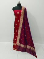 Red Pure Katan Silk Banarasi Handloom Three Piece Unstitched Suit Set - Luxurion World