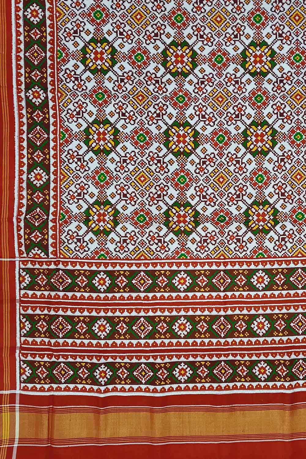 Off White Patan Patola Handloom Pure Silk Double Ikat Saree - Luxurion World
