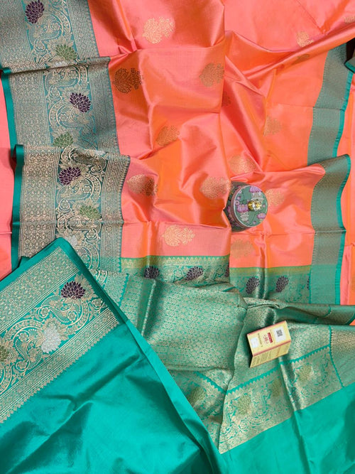 Peach Handloom Banarasi Pure Katan Silk Meenakari Saree - Luxurion World
