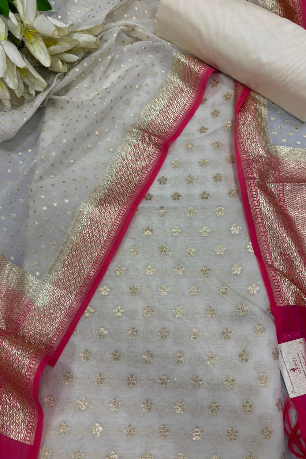 Elegant  Off White Banarasi Chanderi Silk Three Piece Unstitched Suit Set