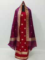 Red Pure Katan Silk Banarasi Handloom Three Piece Unstitched Suit Set - Luxurion World
