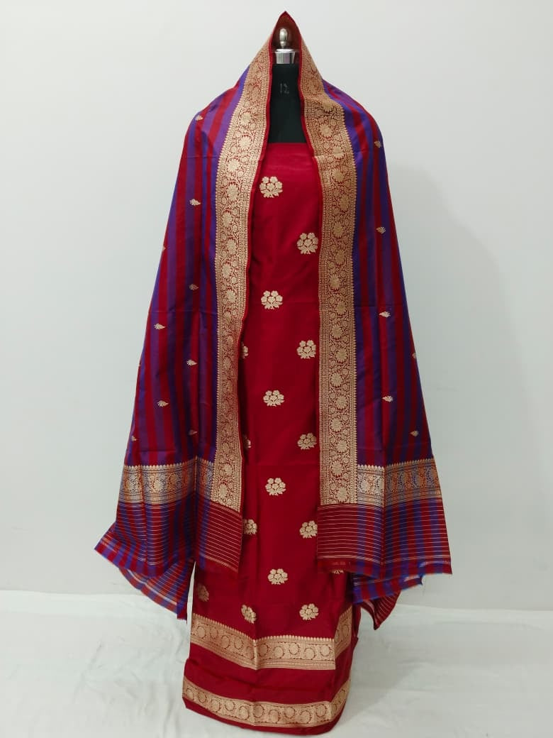 Red Pure Katan Silk Banarasi Handloom Three Piece Unstitched Suit Set - Luxurion World