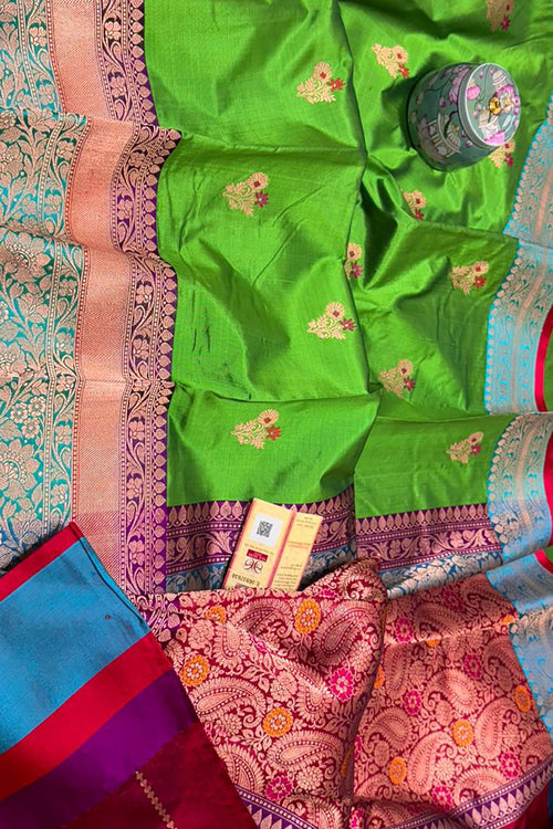 Green Handloom Banarasi Pure Katan Silk Meenakari Saree - Luxurion World