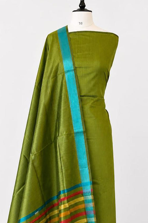 Green Maheshwari Cotton Silk Three Piece Unstitched Suit Set - Luxurion World