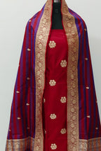 Red Pure Katan Silk Banarasi Handloom Three Piece Unstitched Suit Set - Luxurion World