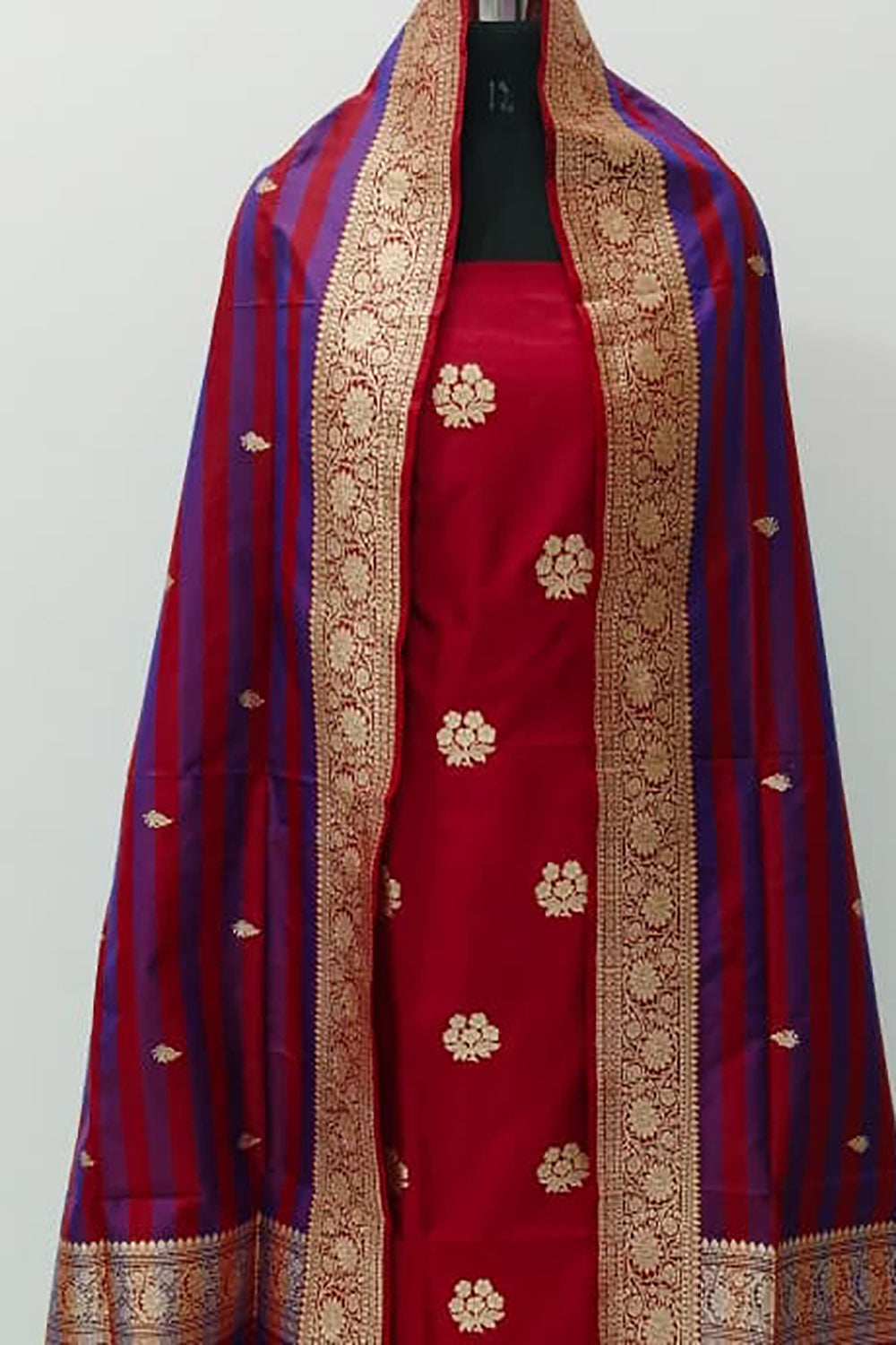 Red Pure Katan Silk Banarasi Handloom Three Piece Unstitched Suit Set - Luxurion World