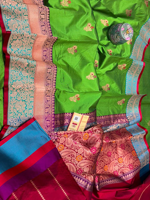 Green Handloom Banarasi Pure Katan Silk Meenakari Saree - Luxurion World