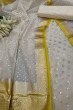 Elegant  Off White Banarasi Chanderi Silk Three Piece Unstitched Suit Set