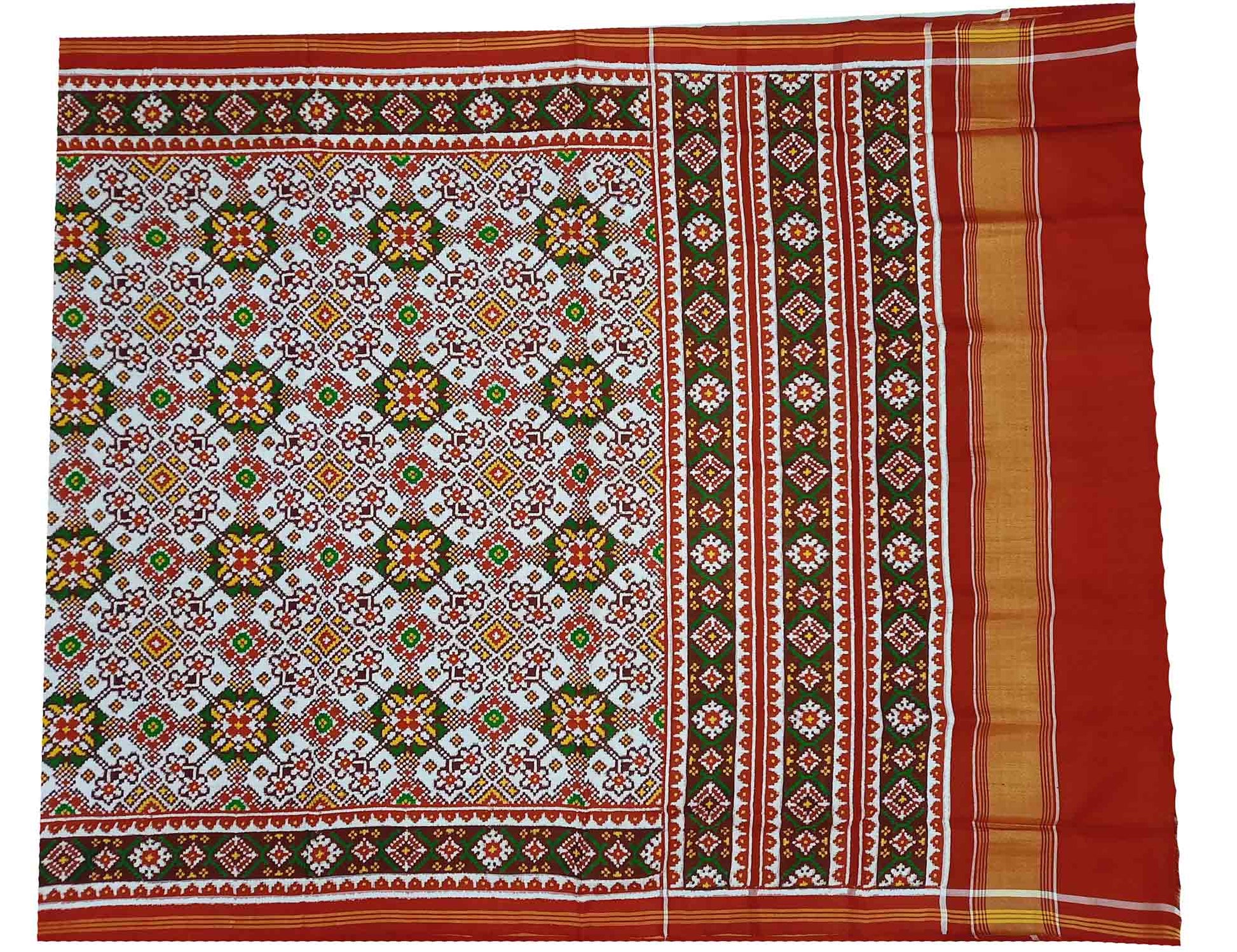 Off White Patan Patola Handloom Pure Silk Double Ikat Saree - Luxurion World