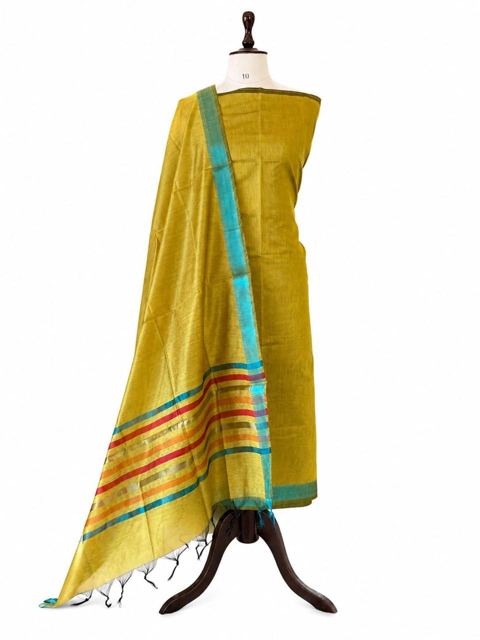 Yellow Maheshwari Cotton Silk Three Piece Unstitched Suit Set - Luxurion World