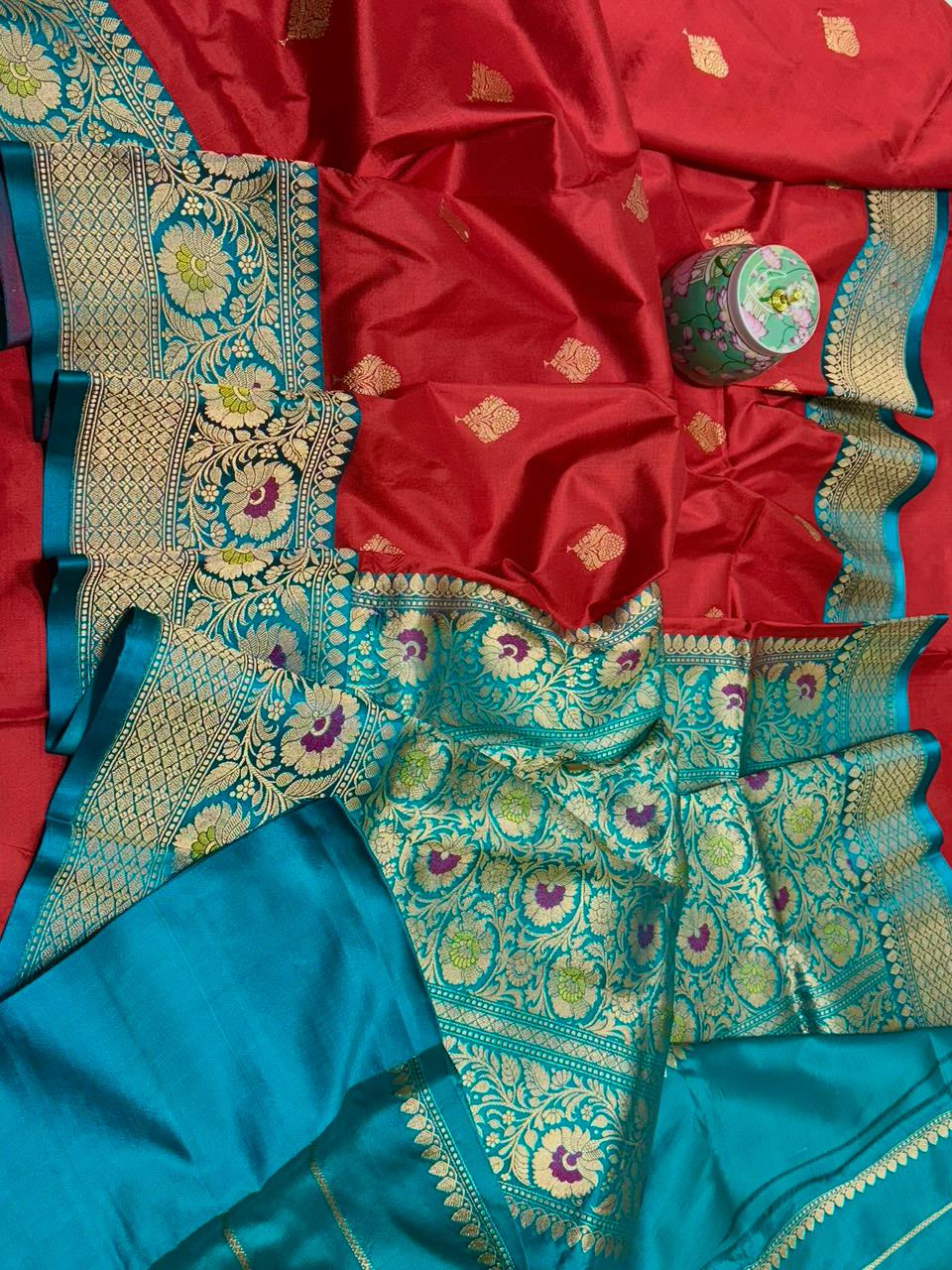 Red Handloom Banarasi Pure Katan Silk Meenakari Saree - Luxurion World