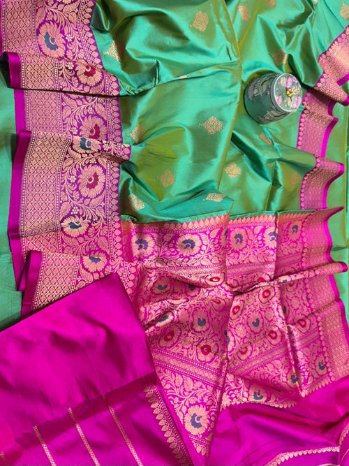 Green Handloom Banarasi Pure Katan Silk Meenakari Saree - Luxurion World