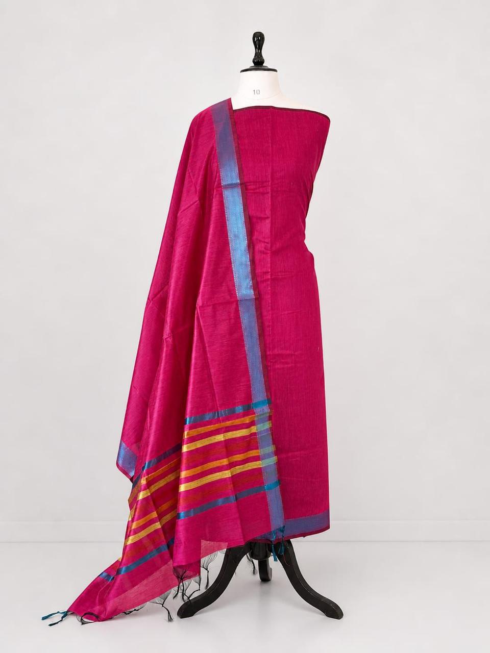 Pink Maheshwari Cotton Silk Three Piece Unstitched Suit Set - Luxurion World