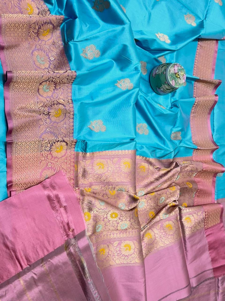 Blue Handloom Banarasi Pure Katan Silk Meenakari Saree - Luxurion World