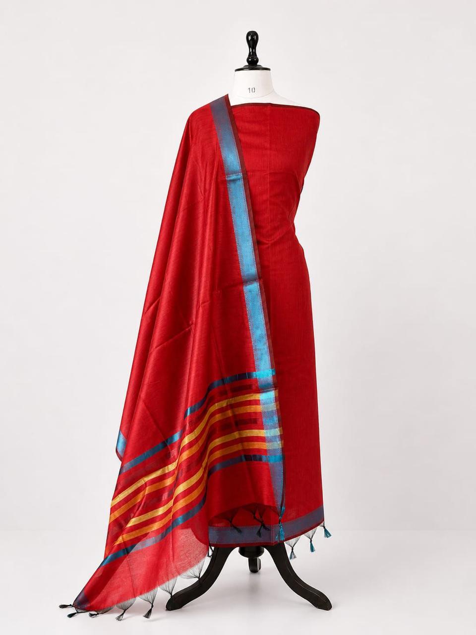 Red Maheshwari Cotton Silk Three Piece Unstitched Suit Set - Luxurion World