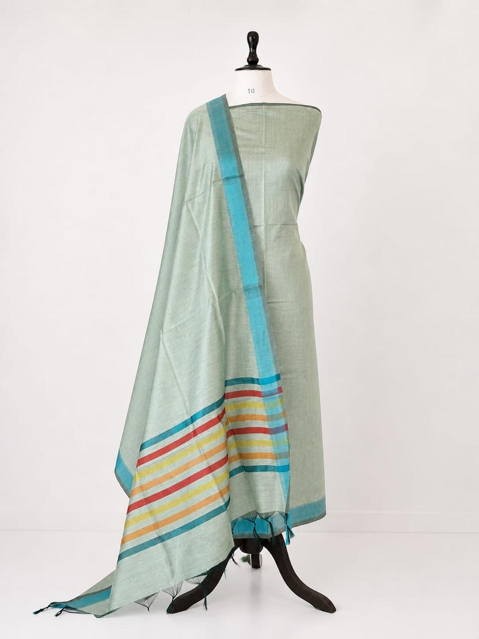 Blue Maheshwari Cotton Silk Three Piece Unstitched Suit Set - Luxurion World