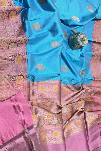 Blue Handloom Banarasi Pure Katan Silk Meenakari Saree - Luxurion World
