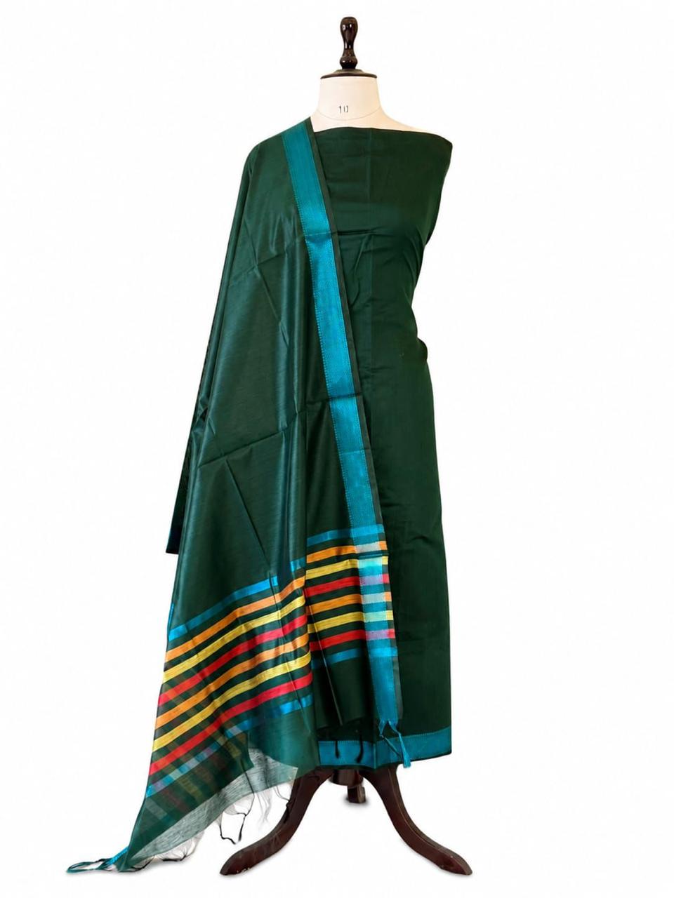 Green Maheshwari Cotton Silk Three Piece Unstitched Suit Set - Luxurion World