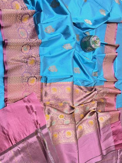 Blue Handloom Banarasi Pure Katan Silk Meenakari Saree - Luxurion World