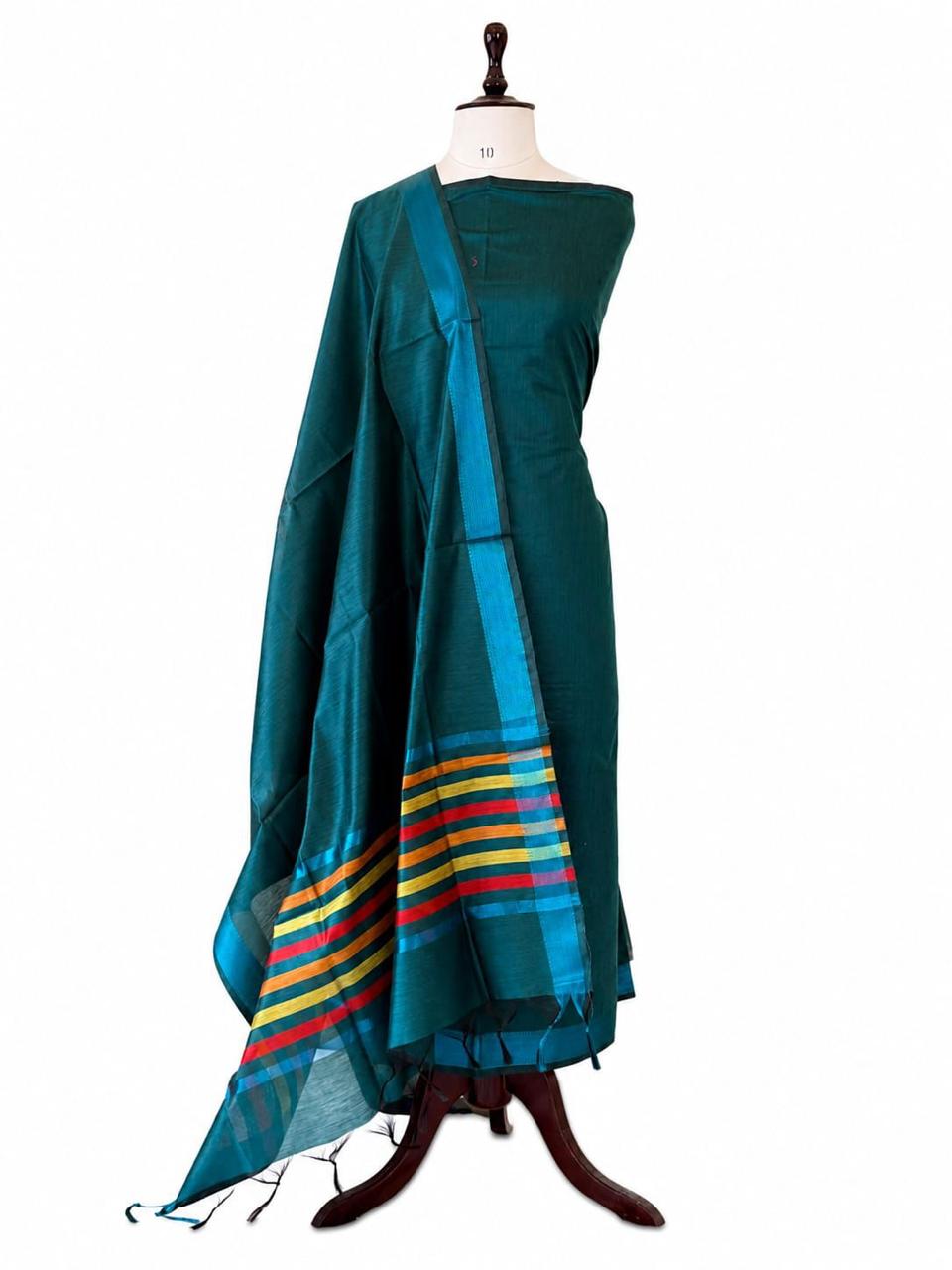 Blue Maheshwari Cotton Silk Three Piece Unstitched Suit Set - Luxurion World