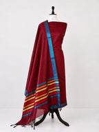 Maroon Maheshwari Cotton Silk Three Piece Unstitched Suit Set - Luxurion World