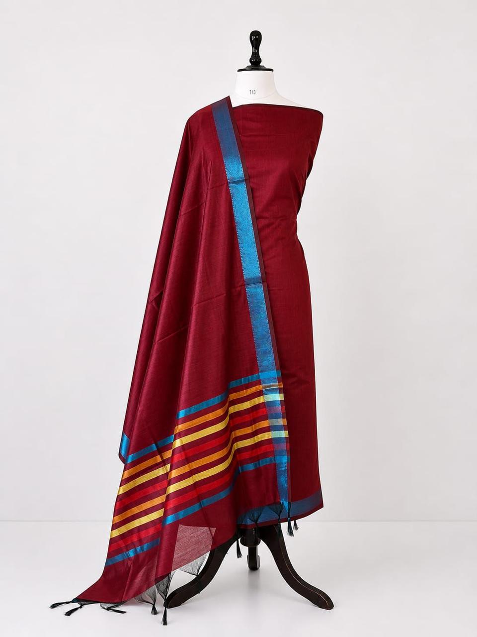 Maroon Maheshwari Cotton Silk Three Piece Unstitched Suit Set - Luxurion World