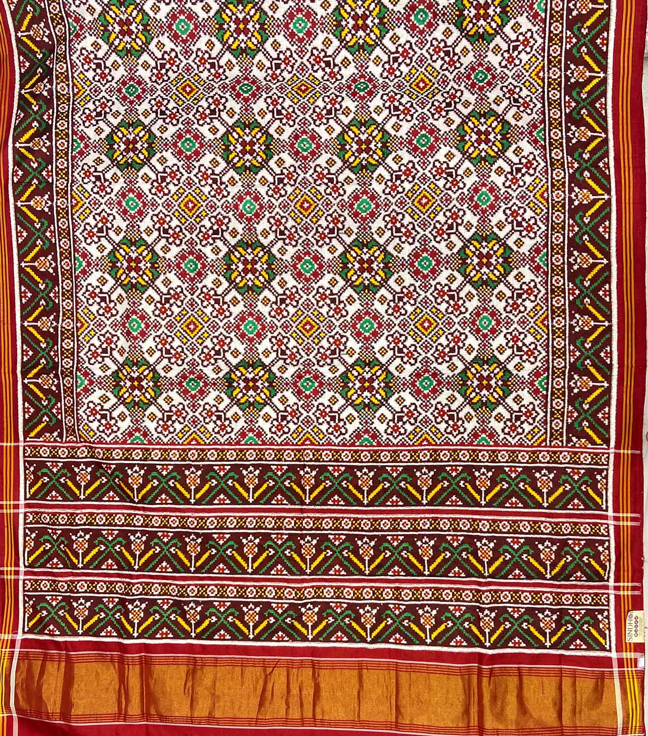 Off White Patan Patola Handloom Pure Silk Double Ikat Saree - Luxurion World