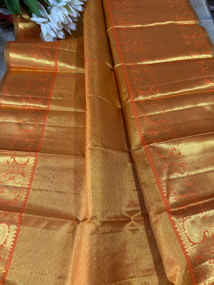 Golden Kanjeevaram Handloom Pure Silk Dupatta - Luxurion World