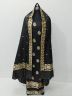 Black Pure Katan Silk Banarasi Handloom Three Piece Unstitched Suit Set - Luxurion World