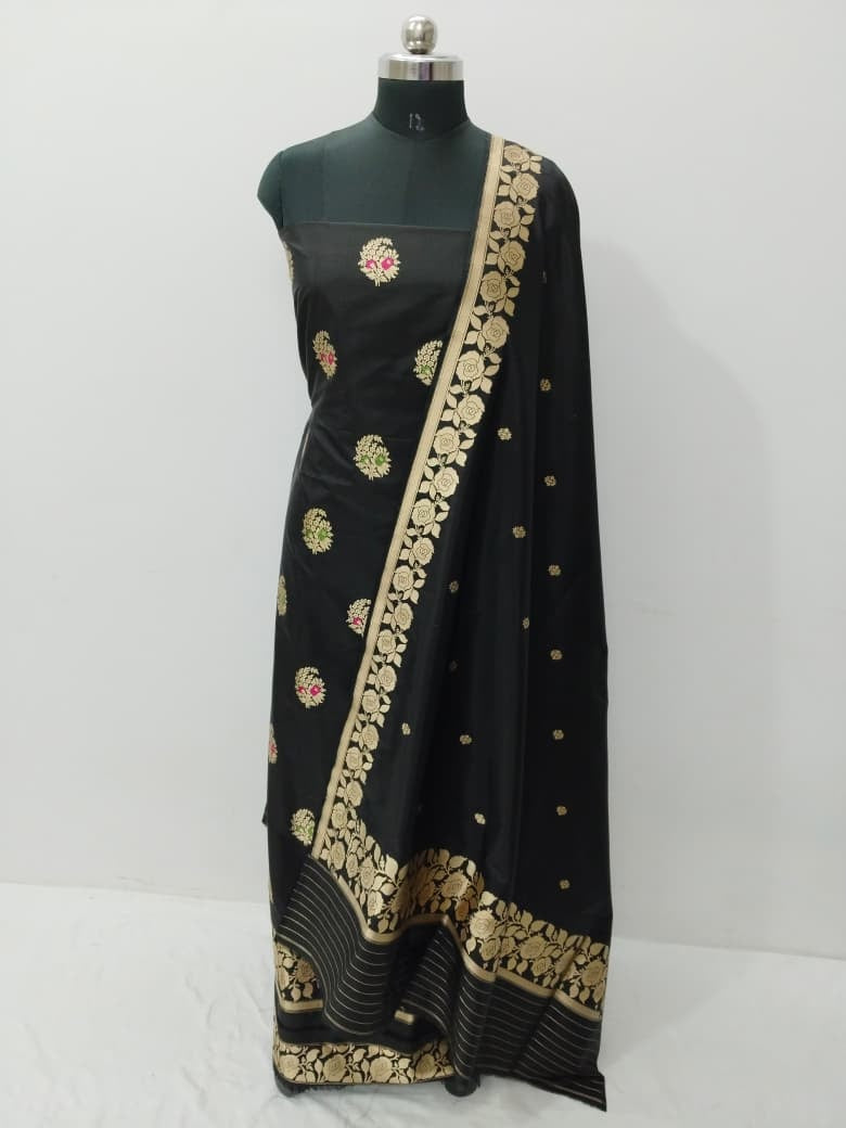 Black Pure Katan Silk Banarasi Handloom Three Piece Unstitched Suit Set - Luxurion World