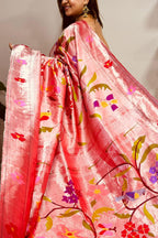 Pink Paithani Pure Silk Saree Muniya Border Brocade Bridal Wedding