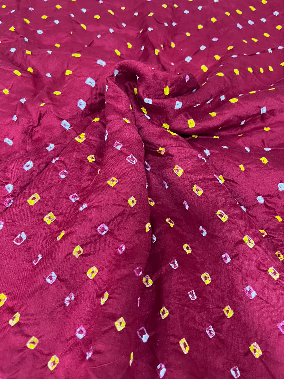 Maroon Bandhani Pure Gajji Silk Fabric Handcrafted Festive ( 1 Mtr )