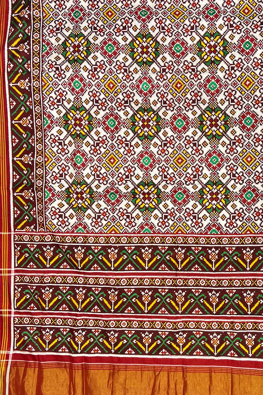 Off White Patan Patola Handloom Pure Silk Double Ikat Saree - Luxurion World
