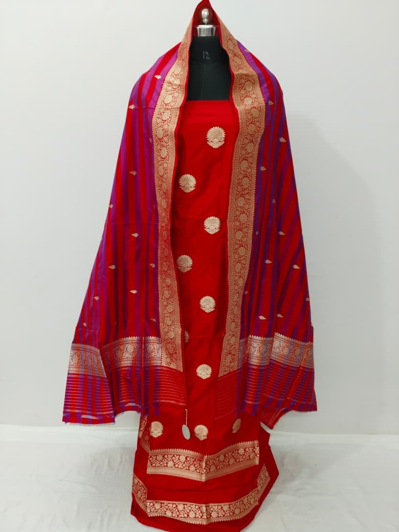 Red Pure Katan Silk Banarasi Handloom Three Piece Unstitched Suit Set - Luxurion World