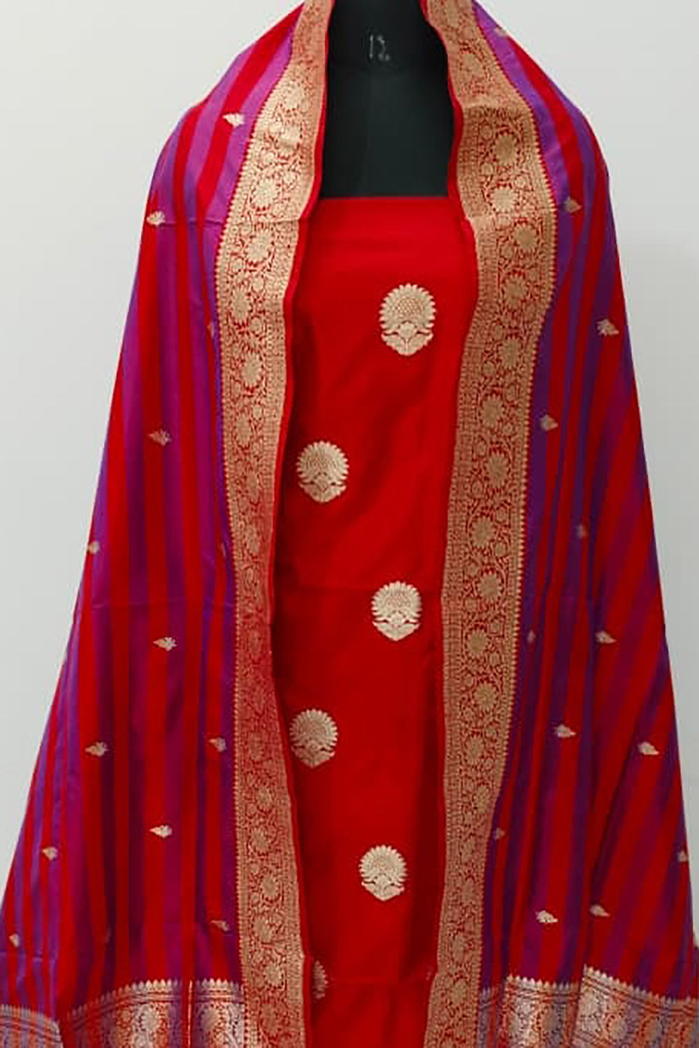 Red Pure Katan Silk Banarasi Handloom Three Piece Unstitched Suit Set - Luxurion World