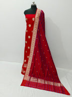 Red Pure Katan Silk Banarasi Handloom Three Piece Unstitched Suit Set - Luxurion World