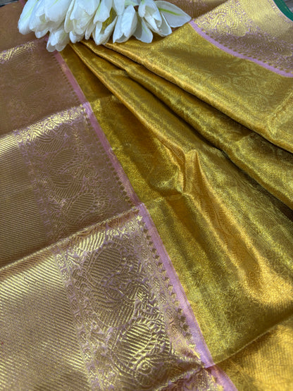 Golden Kanjeevaram Handloom Pure Silk Dupatta - Luxurion World
