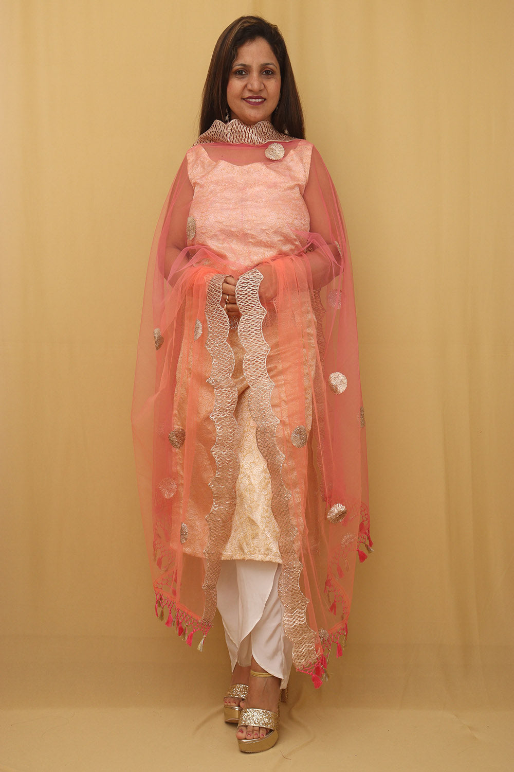Pink And Orange Trendy Net Gota Work Dupatta - Luxurion World