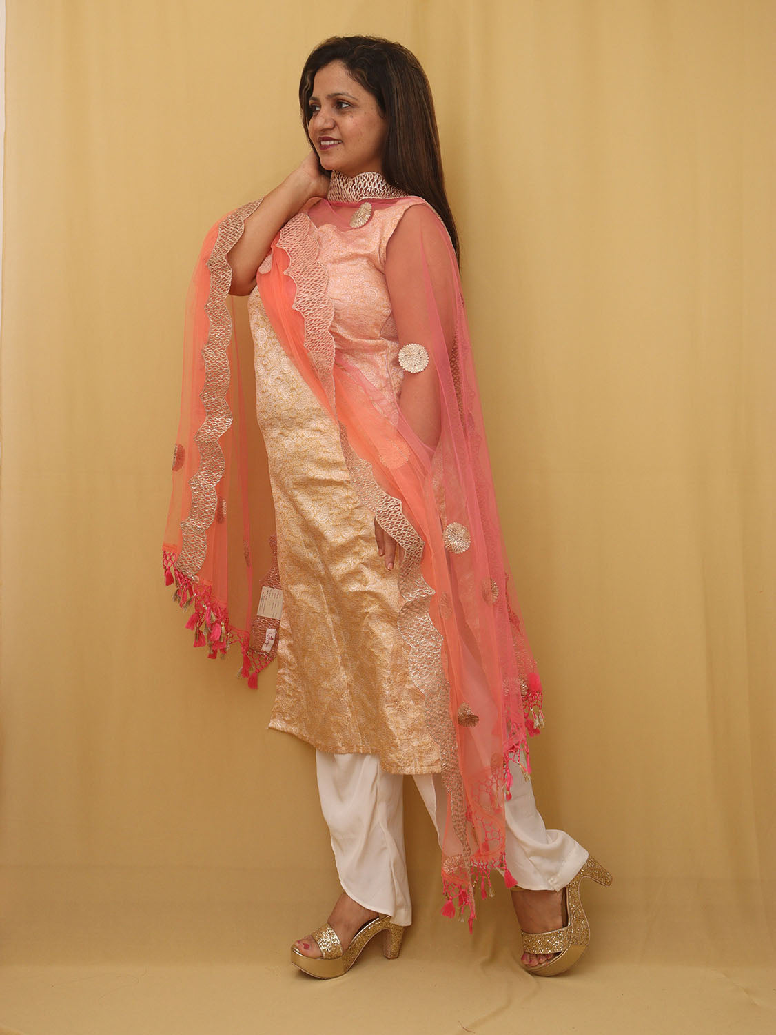 Pink And Orange Trendy Net Gota Work Dupatta - Luxurion World